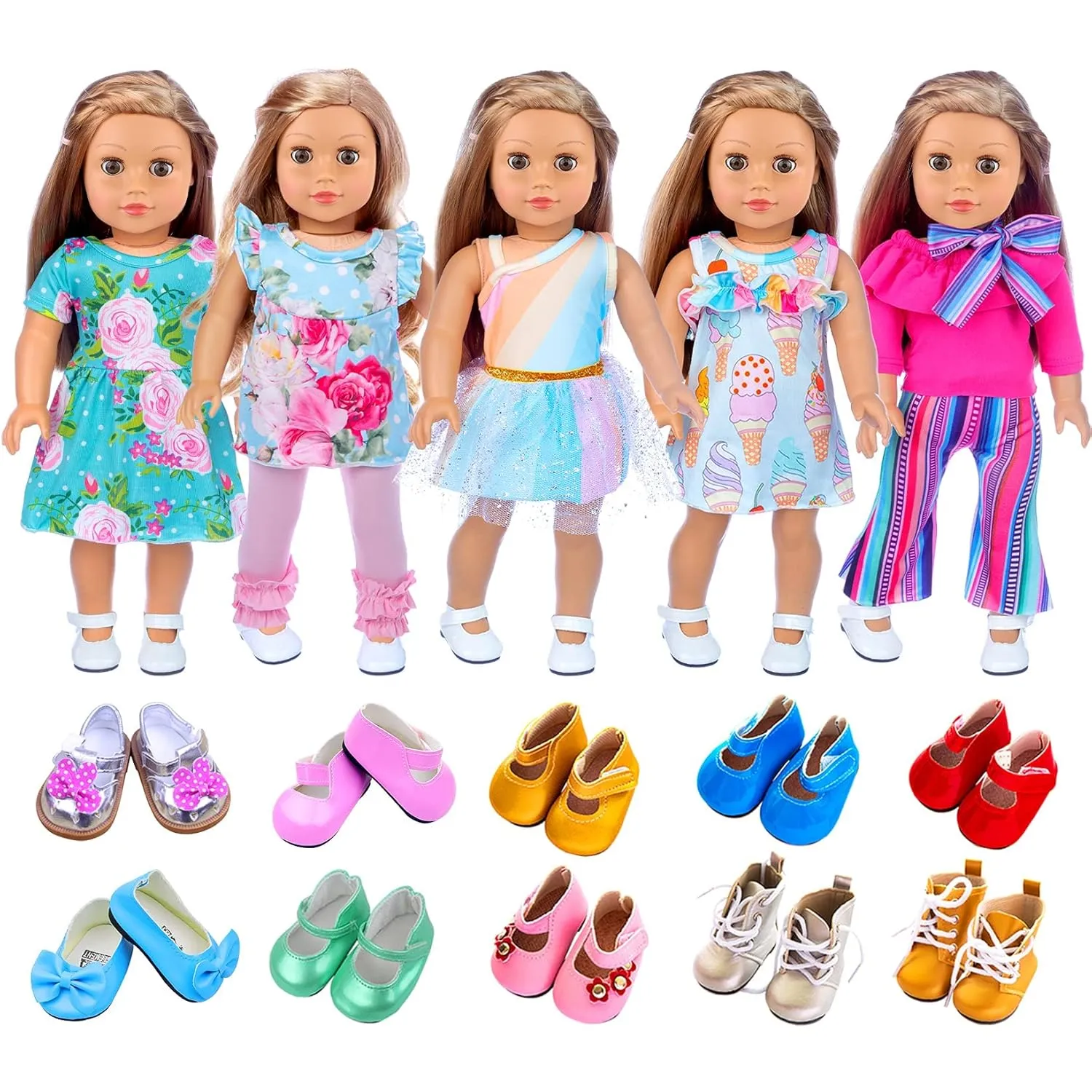 11 Pcs American Doll Clothes Dress And Accessories For 18 Inch Doll 5 Sets