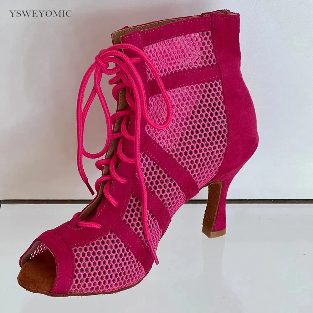 Ahore Shop Pink Yellow Women High Heels Sexy Dance Booties Suede Leather Dance