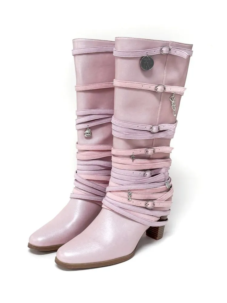 Ancient Coin Pink Stacked Lace-Up Boots【s0000006648】