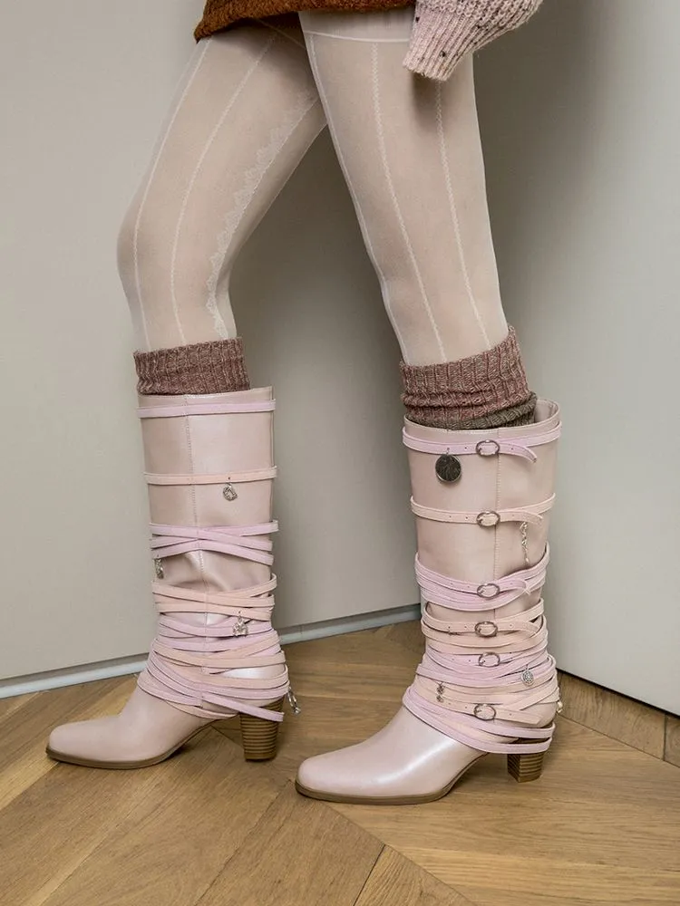 Ancient Coin Pink Stacked Lace-Up Boots【s0000006648】