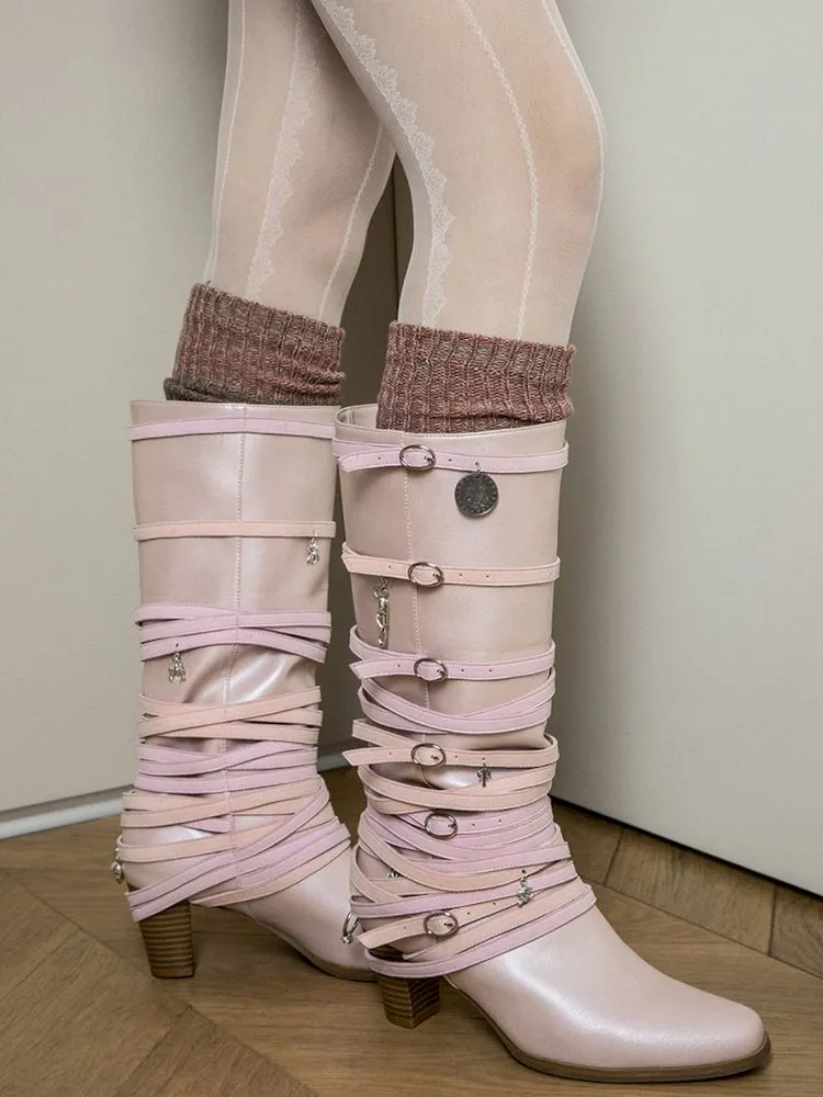 Ancient Coin Pink Stacked Lace-Up Boots【s0000006648】