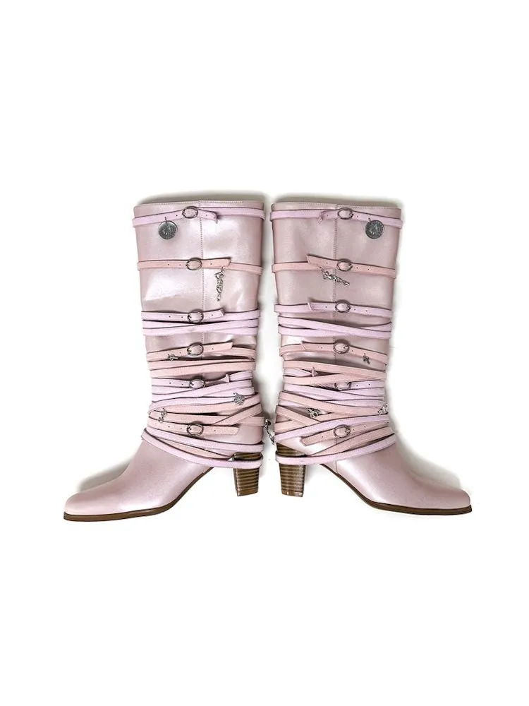 Ancient Coin Pink Stacked Lace-Up Boots【s0000006648】