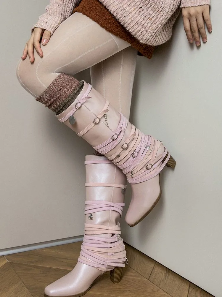 Ancient Coin Pink Stacked Lace-Up Boots【s0000006648】