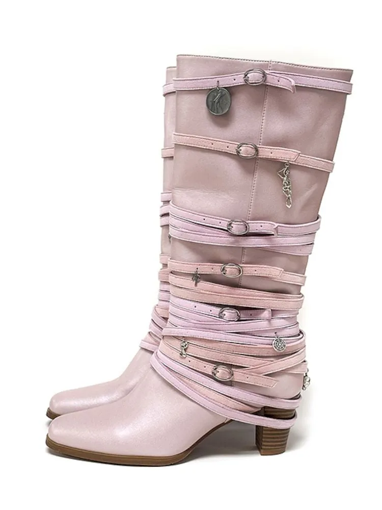 Ancient Coin Pink Stacked Lace-Up Boots【s0000006648】