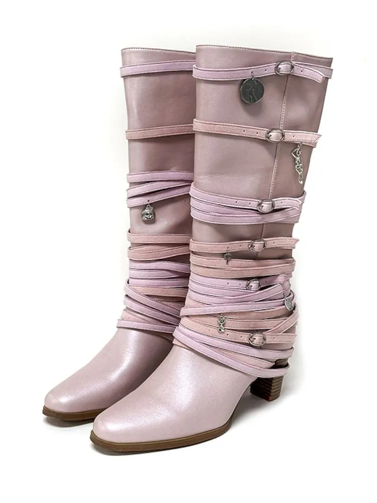 Ancient Coin Pink Stacked Lace-Up Boots【s0000006648】