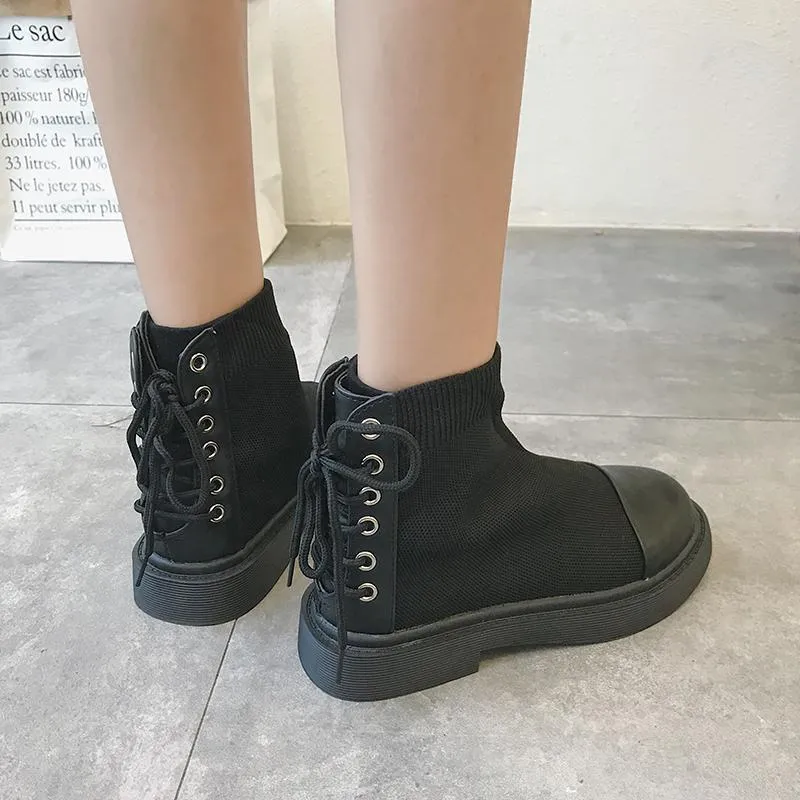 Back Lace Up Aesthetic Sock Ankle Black Boots