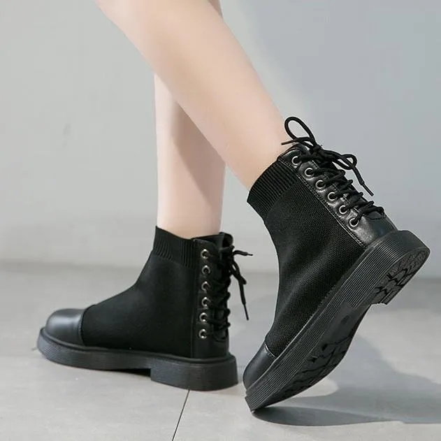 Back Lace Up Aesthetic Sock Ankle Black Boots