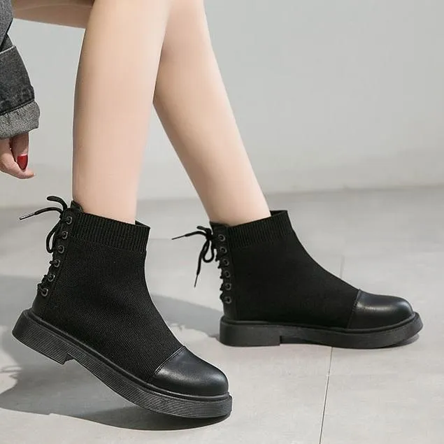 Back Lace Up Aesthetic Sock Ankle Black Boots