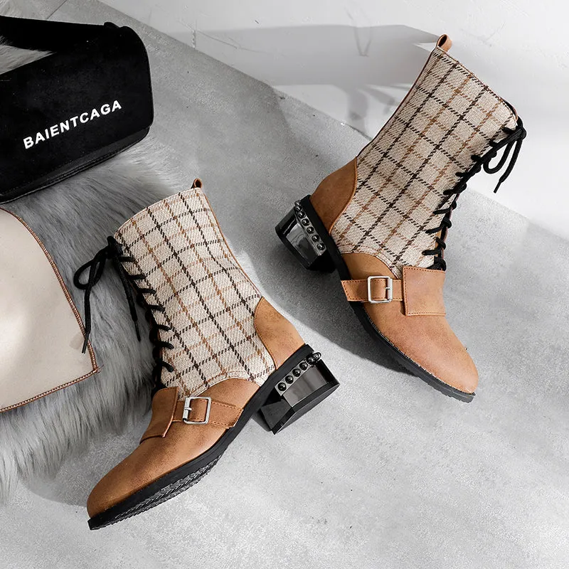 Bigsizeheels Lace-up plaid ankle boots - Brown