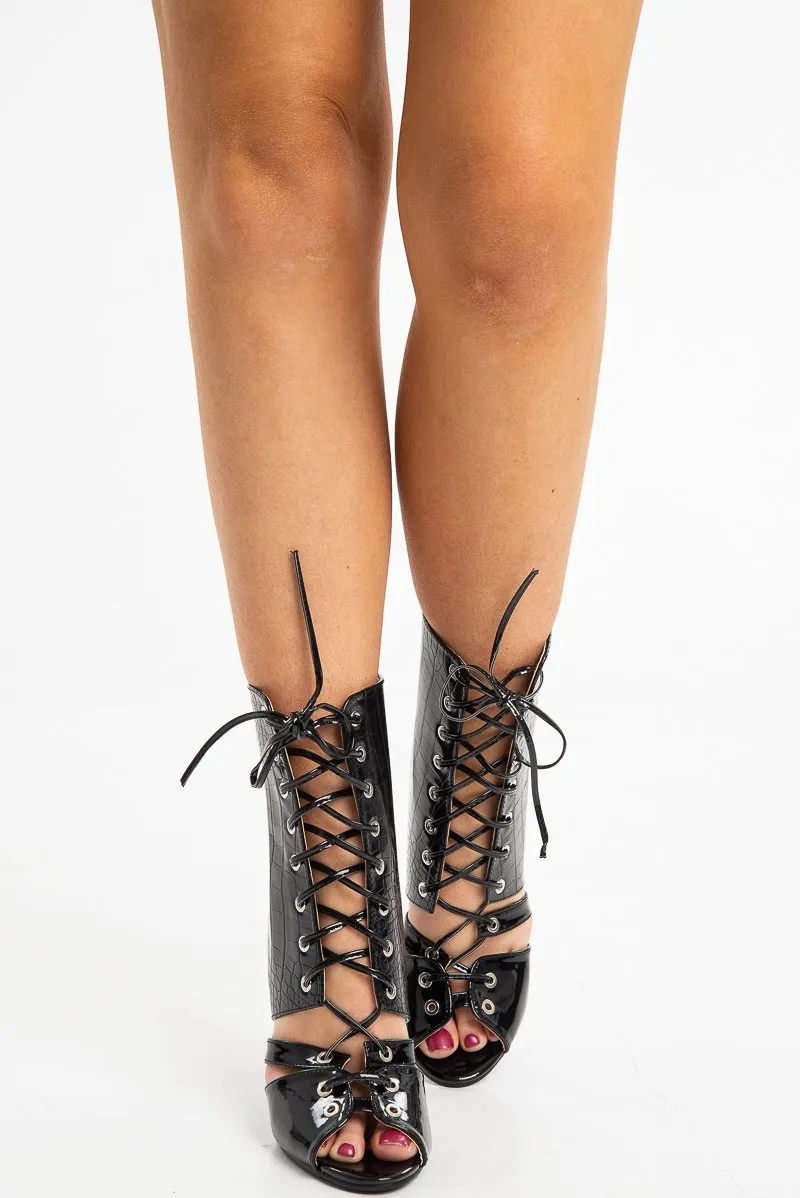 Black Croc Lace Up Stiletto Boots - Zen