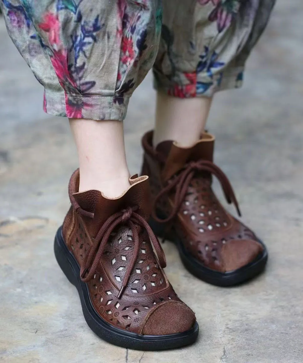 Casual Hollow Out Lace Up Splicing Boots Brown Cowhide Leather