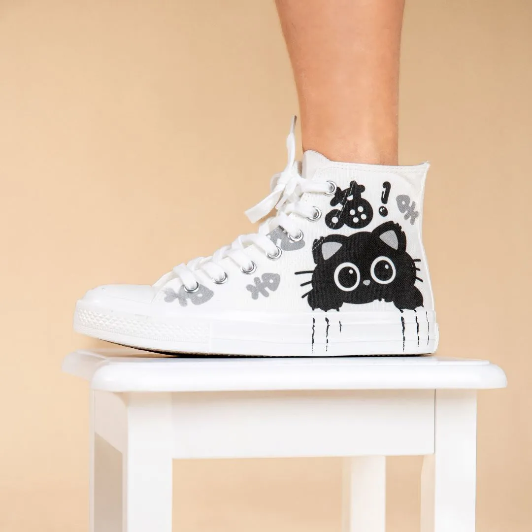 *CLEARANCE* Boo the Black Kitty High Top Canvas Shoes - Women's