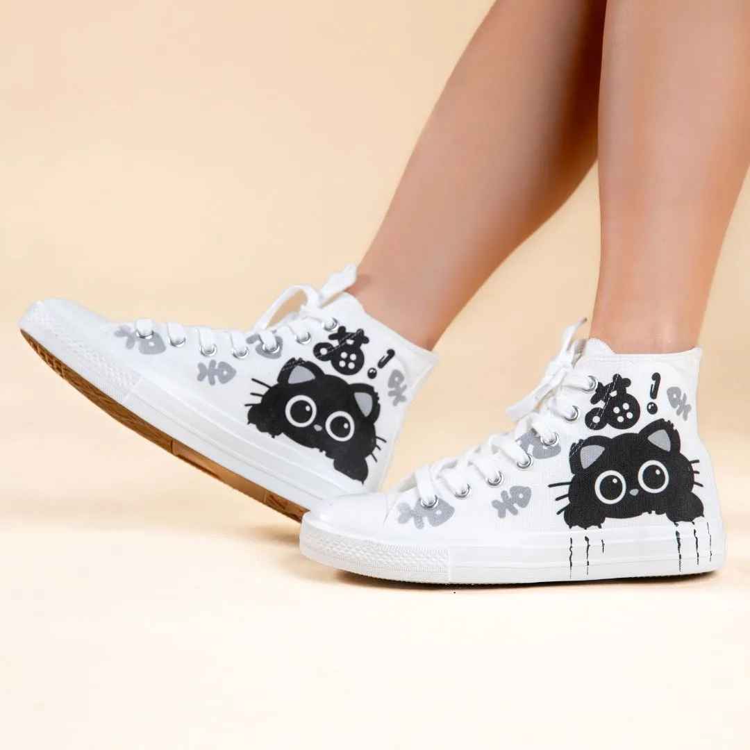 *CLEARANCE* Boo the Black Kitty High Top Canvas Shoes - Women's