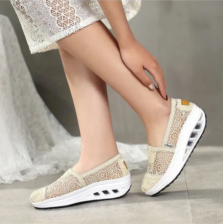 Comelyy - Premium Comelyy Comfy Summer Lace Shoes Breathable Platform Sole Slip On Height Increasing For Women