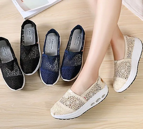 Comelyy - Premium Comelyy Comfy Summer Lace Shoes Breathable Platform Sole Slip On Height Increasing For Women