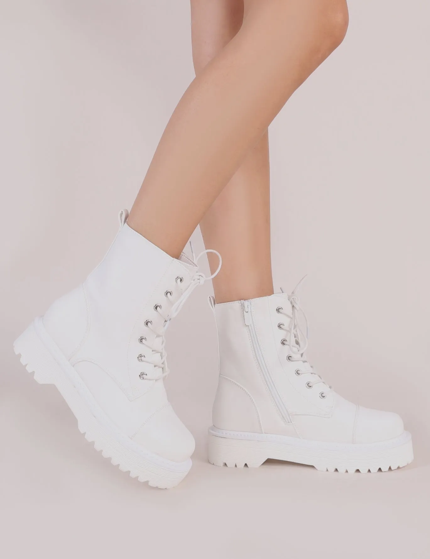 Cravin Lace Up Hiker Ankle Boots in White