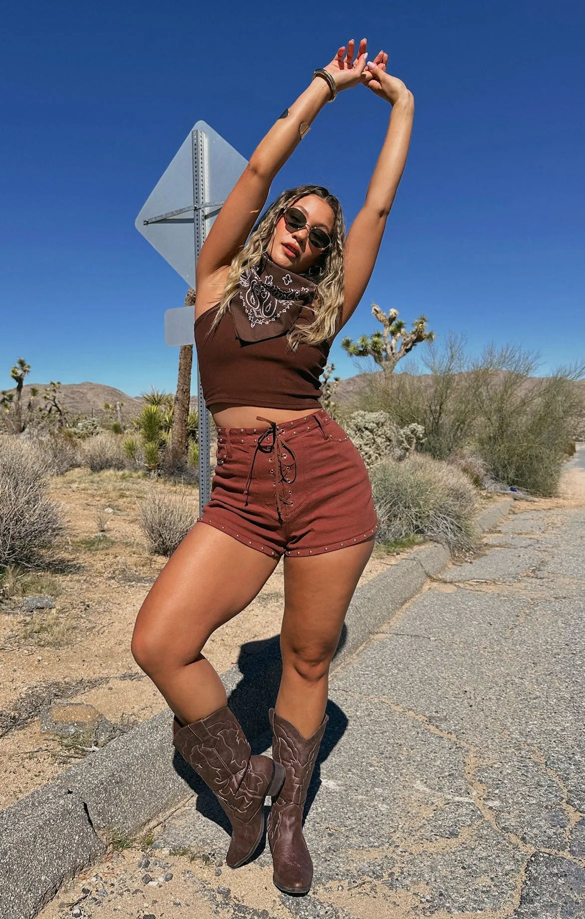 Desert Lace Up Shorts ~ Studded Brown Denim