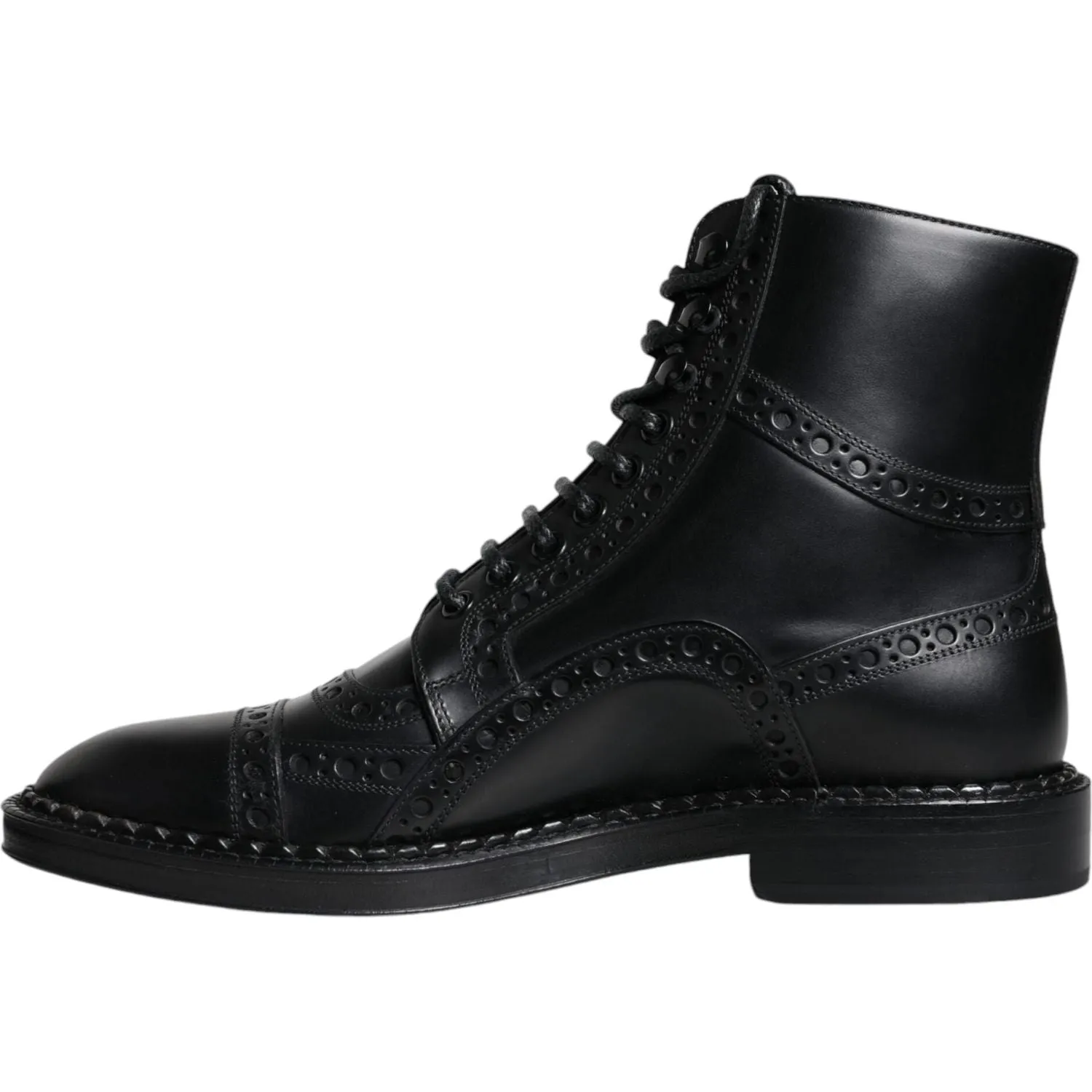 Dolce & Gabbana Black Leather Lace Up Mid Calf Boots Shoes