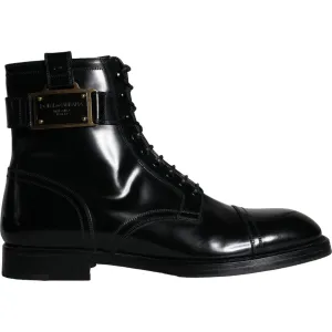 Dolce & Gabbana Black Logo Lace Up Mid Calf Men Boots Shoes