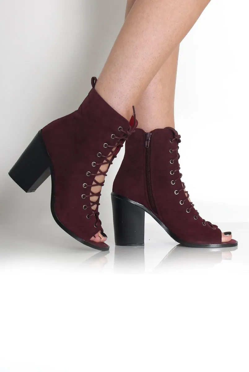 Don Burgundy Lace Up Peep Toe Ankle Boots