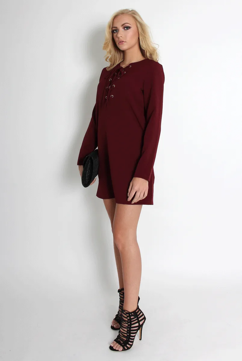 Elle Wine Lace Up Dress