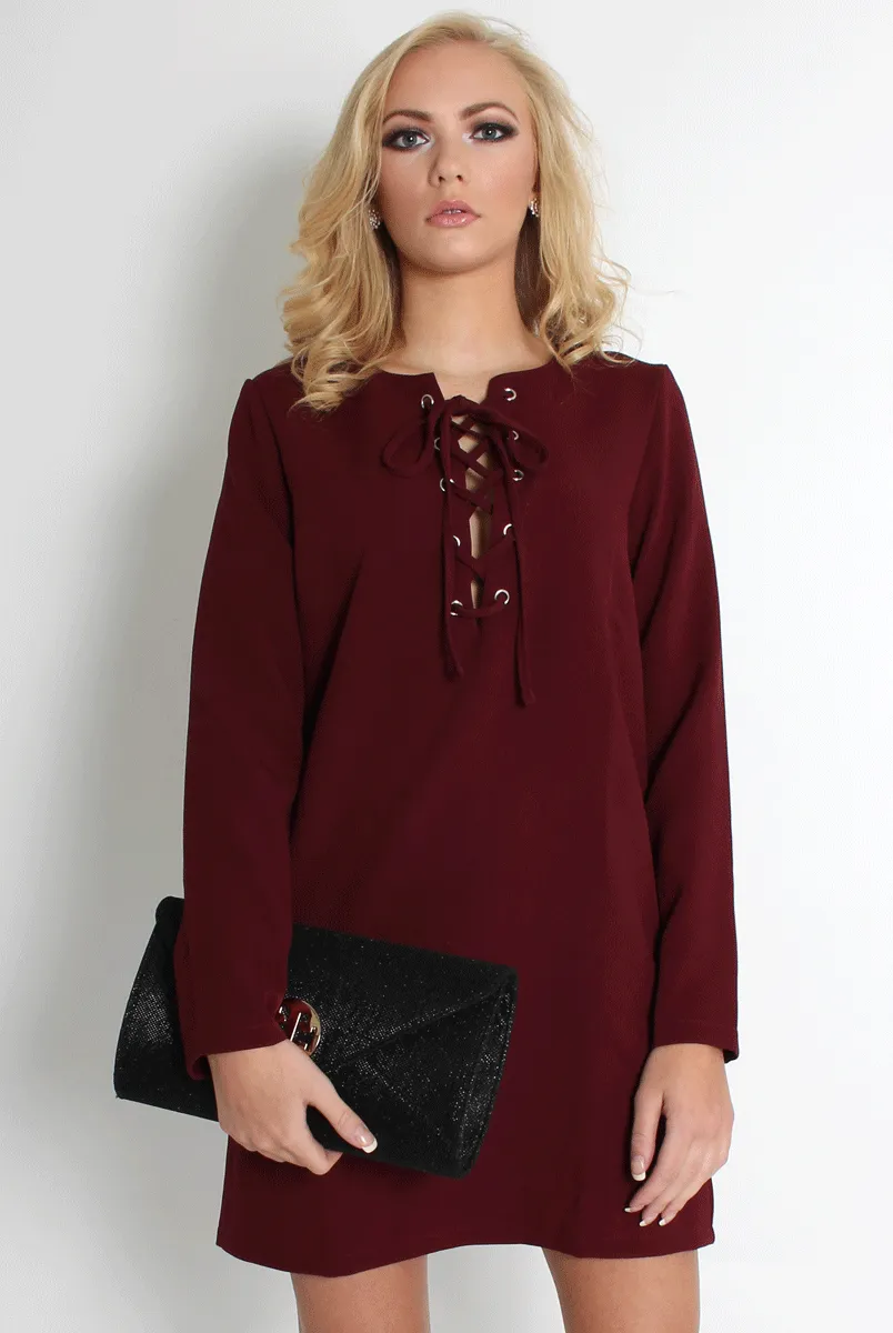 Elle Wine Lace Up Dress