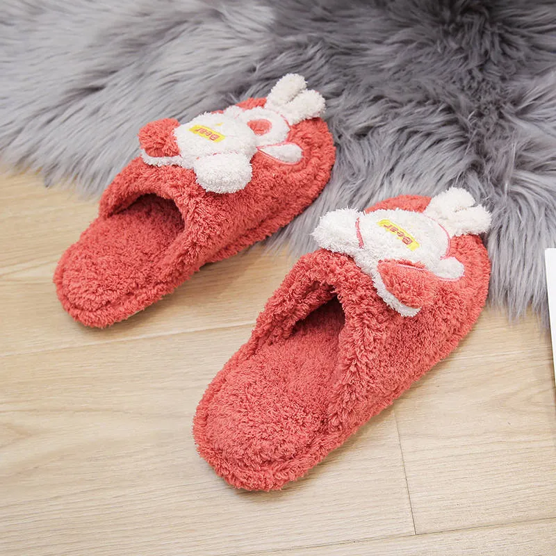 Fashion Couple Winter Home Slippers Women Cartoon Cute Bear Shoes Soft Warm House Slippers Flat Red Slides Women Fluffy Slippers