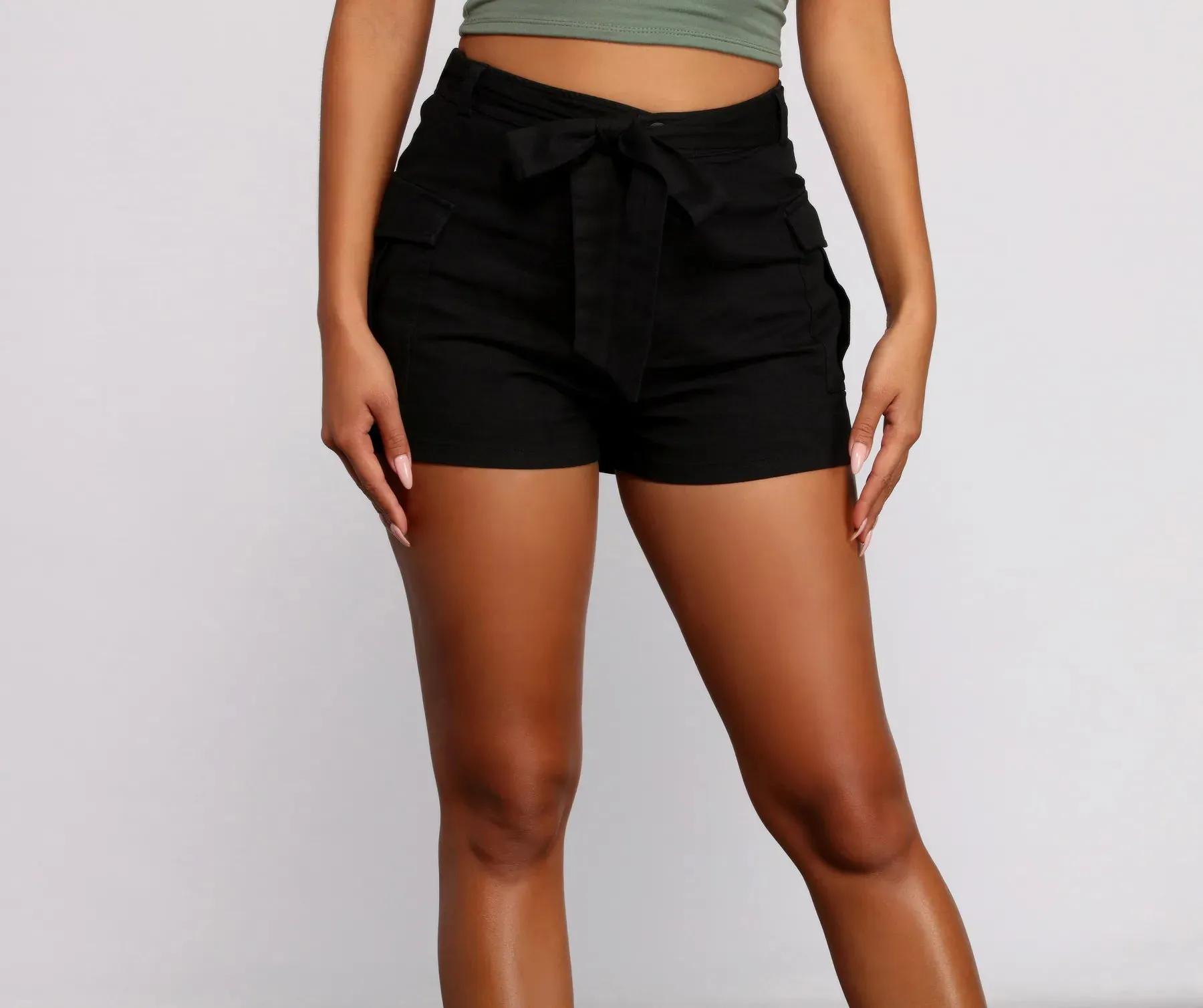 High Rise Tie Waist Twill Shorts