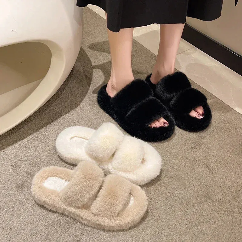 Hnzxzm New Winter Open Toe Slipper Fashion Fur Thick Sole Flats Heel Ladies Casual Slip On Bedroom Shoes Soft Outdoor Slides Shoes