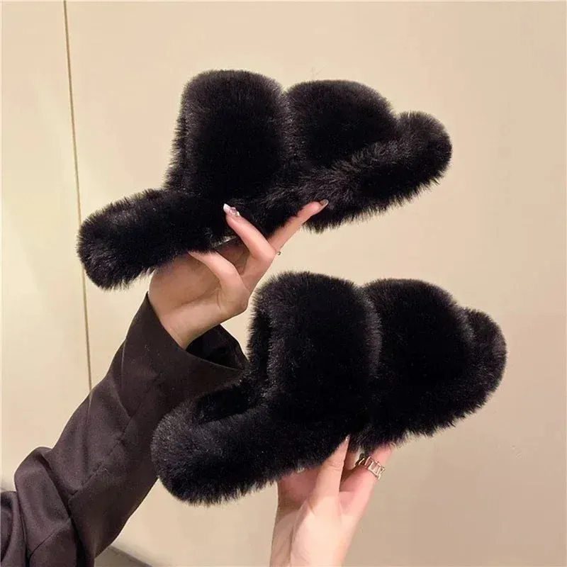 Hnzxzm New Winter Open Toe Slipper Fashion Fur Thick Sole Flats Heel Ladies Casual Slip On Bedroom Shoes Soft Outdoor Slides Shoes