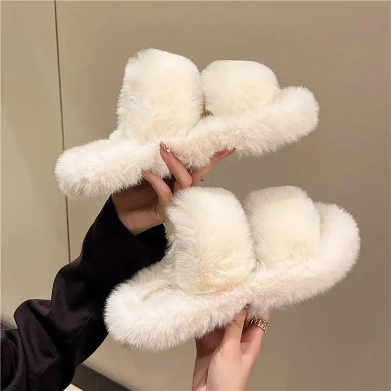 Hnzxzm New Winter Open Toe Slipper Fashion Fur Thick Sole Flats Heel Ladies Casual Slip On Bedroom Shoes Soft Outdoor Slides Shoes