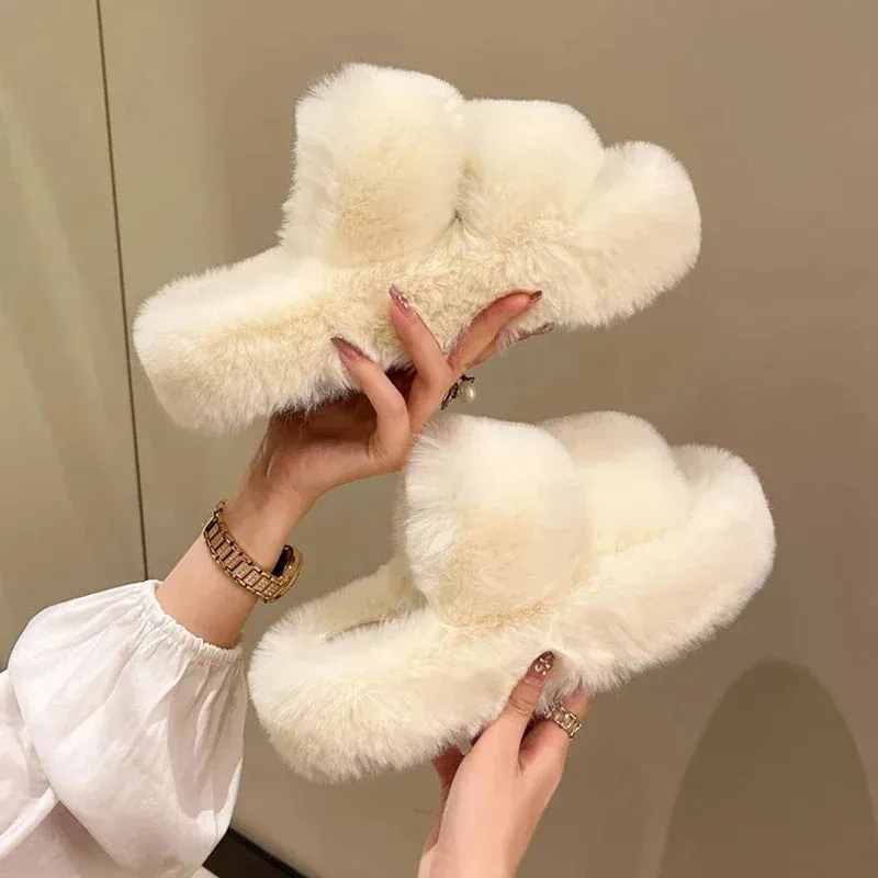 Hnzxzm New Winter Open Toe Slipper Fashion Fur Thick Sole Flats Heel Ladies Casual Slip On Bedroom Shoes Soft Outdoor Slides Shoes