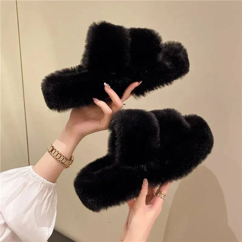 Hnzxzm New Winter Open Toe Slipper Fashion Fur Thick Sole Flats Heel Ladies Casual Slip On Bedroom Shoes Soft Outdoor Slides Shoes