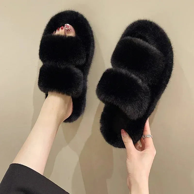 Hnzxzm New Winter Open Toe Slipper Fashion Fur Thick Sole Flats Heel Ladies Casual Slip On Bedroom Shoes Soft Outdoor Slides Shoes