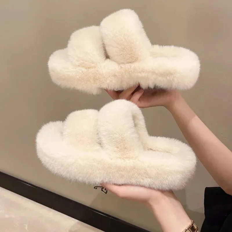 Hnzxzm New Winter Open Toe Slipper Fashion Fur Thick Sole Flats Heel Ladies Casual Slip On Bedroom Shoes Soft Outdoor Slides Shoes