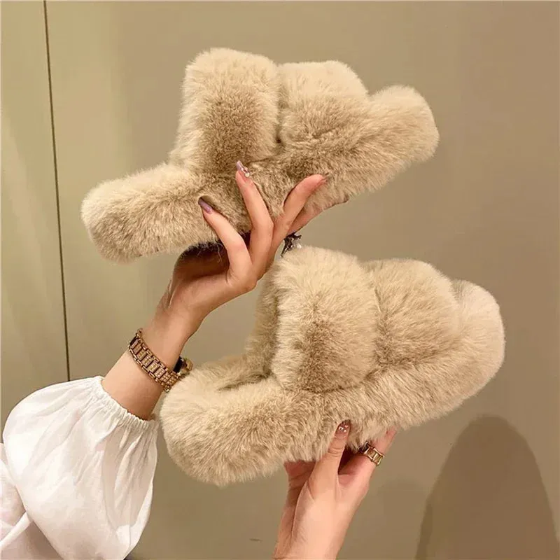 Hnzxzm New Winter Open Toe Slipper Fashion Fur Thick Sole Flats Heel Ladies Casual Slip On Bedroom Shoes Soft Outdoor Slides Shoes