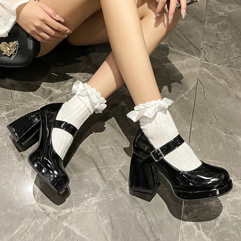 Hnzxzm Patent Leather Platform Pumps Women Elegant Square Heels Mary Jane Shoes Woman Ankle Buckle High Heeled Shoes Female