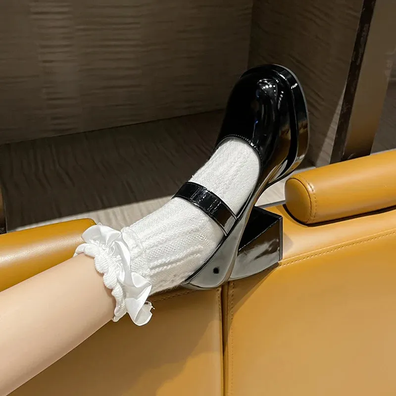 Hnzxzm Patent Leather Platform Pumps Women Elegant Square Heels Mary Jane Shoes Woman Ankle Buckle High Heeled Shoes Female