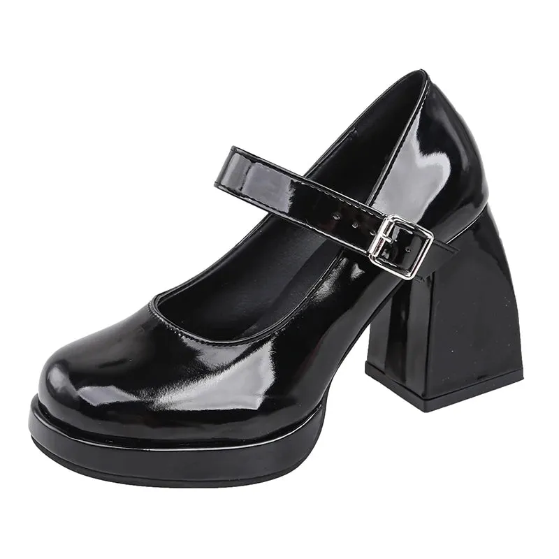 Hnzxzm Patent Leather Platform Pumps Women Elegant Square Heels Mary Jane Shoes Woman Ankle Buckle High Heeled Shoes Female