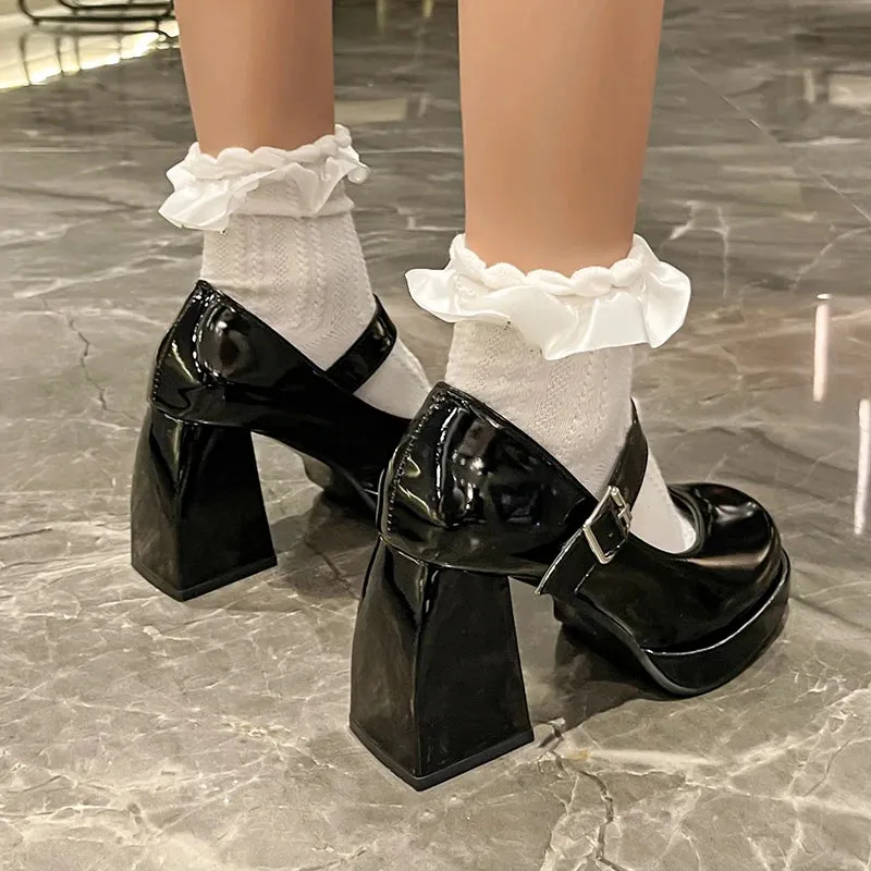 Hnzxzm Patent Leather Platform Pumps Women Elegant Square Heels Mary Jane Shoes Woman Ankle Buckle High Heeled Shoes Female