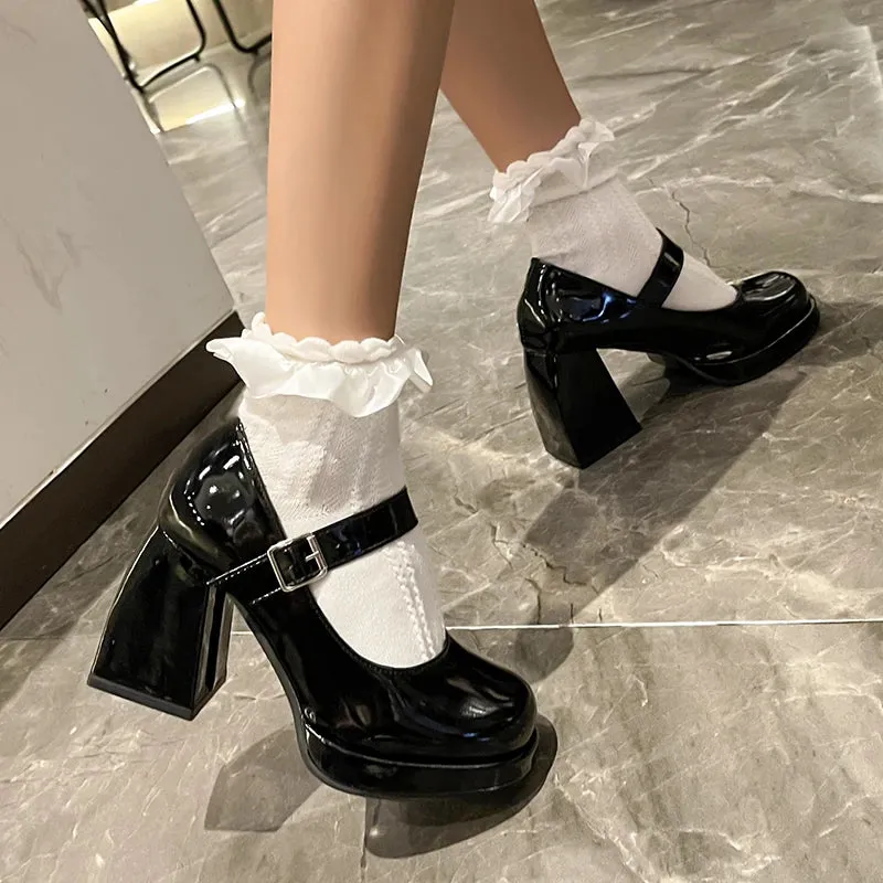 Hnzxzm Patent Leather Platform Pumps Women Elegant Square Heels Mary Jane Shoes Woman Ankle Buckle High Heeled Shoes Female