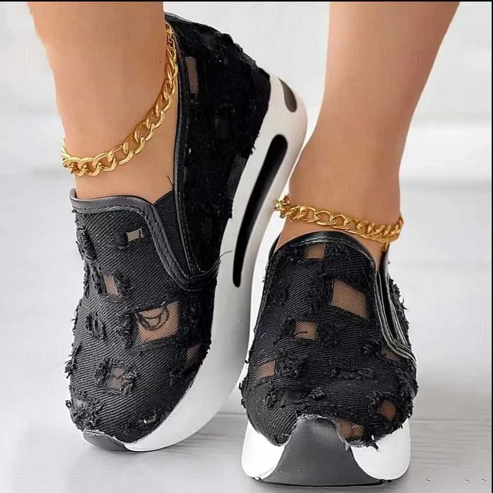 Hollow Out Canvas Shoes 6cm Heel Height Casual Shoes Fashion Flats