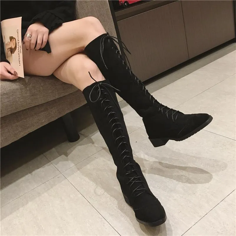 Lace Up Square Heel Over Knee Flats Boots