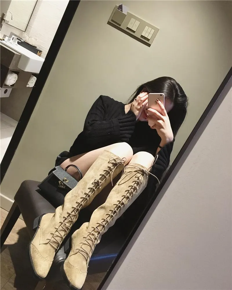 Lace Up Square Heel Over Knee Flats Boots