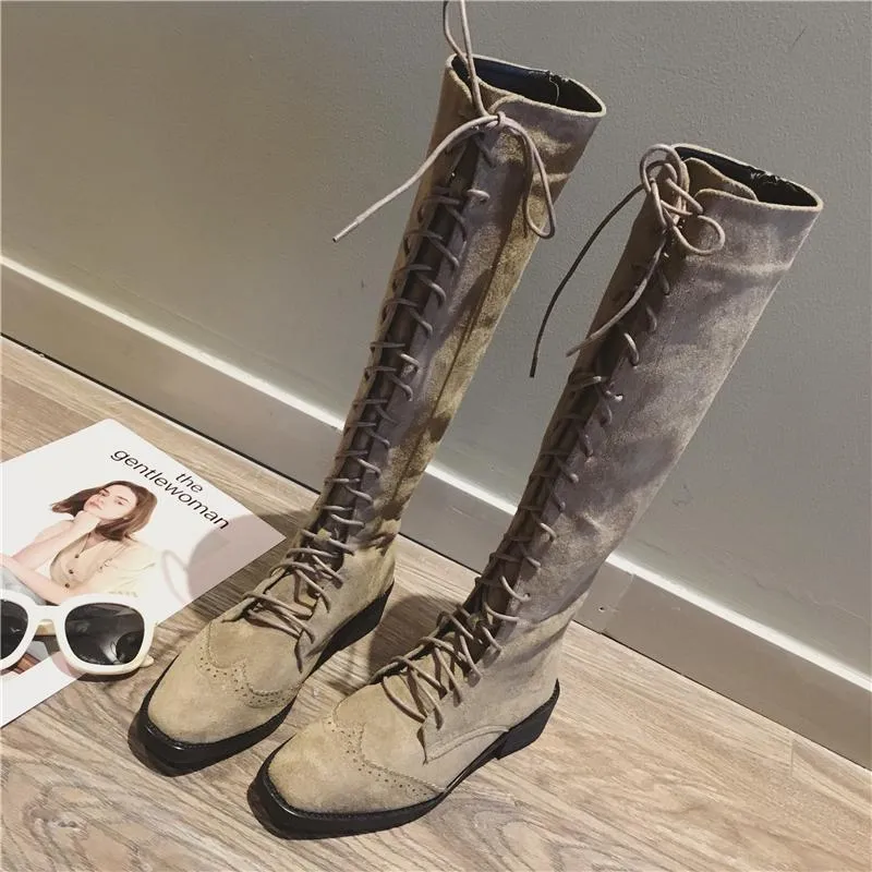 Lace Up Square Heel Over Knee Flats Boots