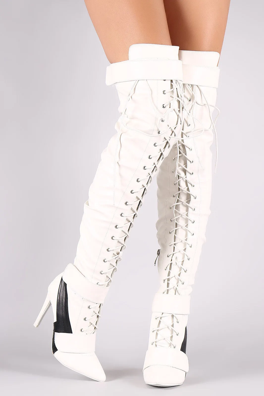 Lightening Bolt Lace Up Stiletto OTK Boots