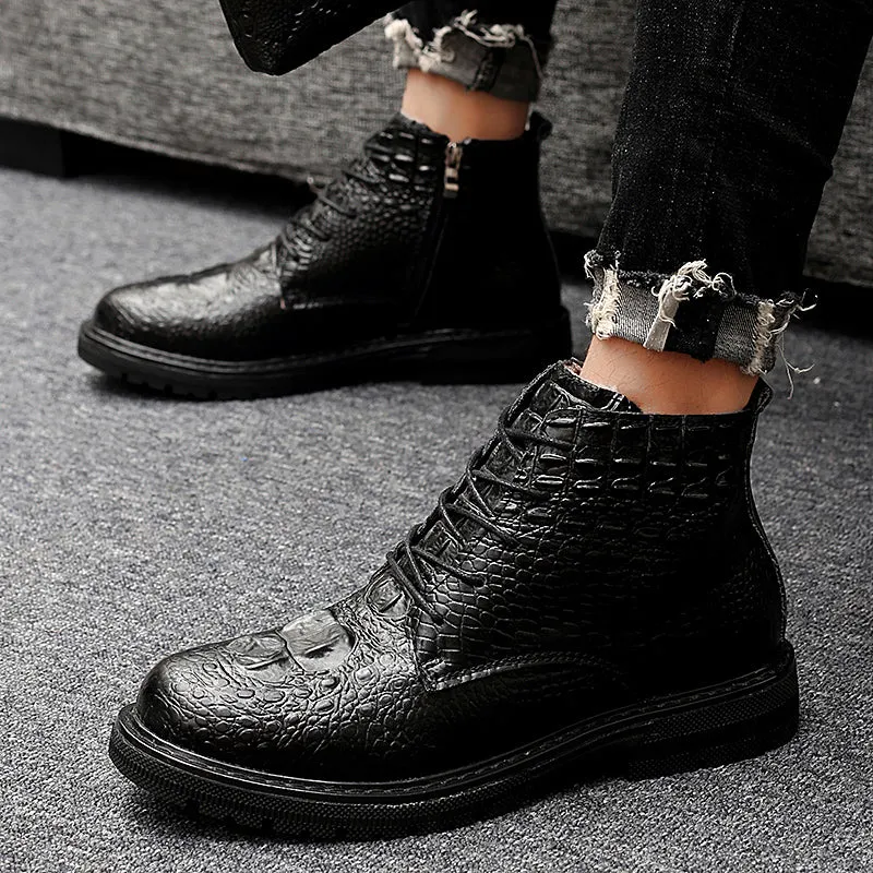 Luxury CrocLeather Lace-up Plush Fur Work Boots