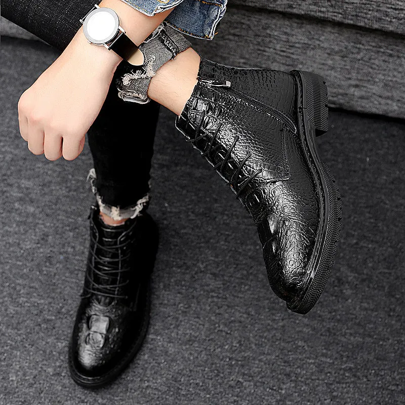 Luxury CrocLeather Lace-up Plush Fur Work Boots