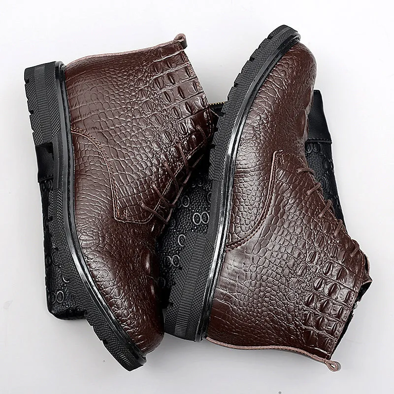 Luxury CrocLeather Lace-up Plush Fur Work Boots