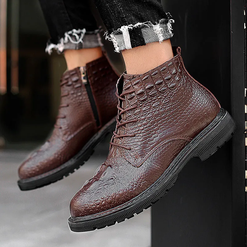 Luxury CrocLeather Lace-up Plush Fur Work Boots